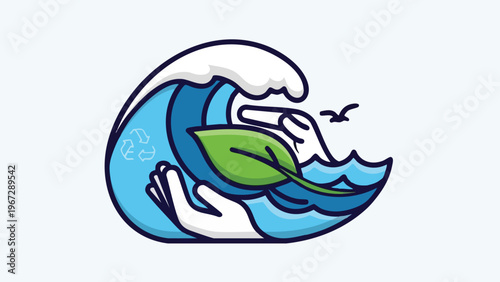 Embracing eco-consciousness Hands safeguarding ocean waves and green life, a powerful emblem for global Earth Day, 22 April, dedicated to planetary protection and sustainability