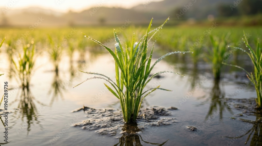 Fototapeta premium Vibrant green rice seedling covered in glistening dew drops reflecting in a flooded paddy field at dawn