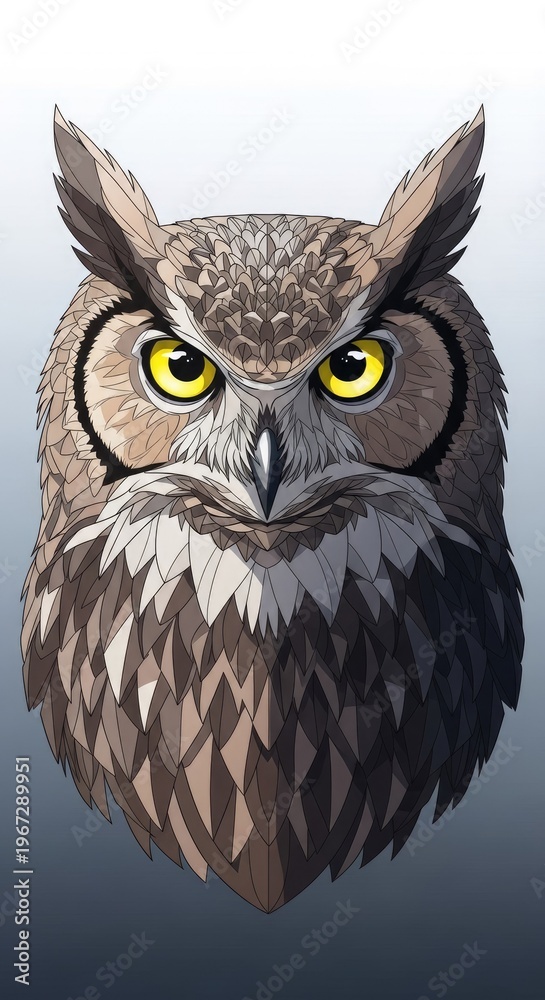 Obraz premium Detailed illustration depicts the frontal view of a large, horned nocturnal bird's head