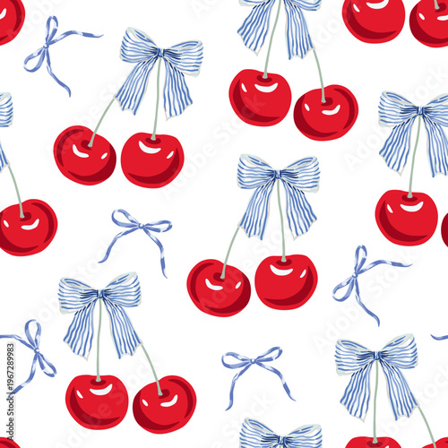 Red cherry fruits, blue bows, white background. Vector floral illustration. Seamless pattern. Summer garden berries