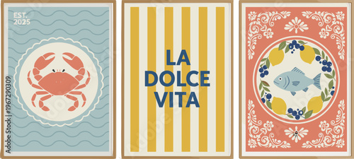 Vector illustration of Mediterranean posters featuring crab, fish with lemons, and “La Dolce Vita” text in vintage style