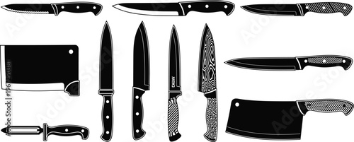 Vector Collection of Professional Kitchen Knives, Meat Cleavers, Chef Blades, and Vegetable Peeler for Culinary Arts, Restaurant Menus, and Cooking Design