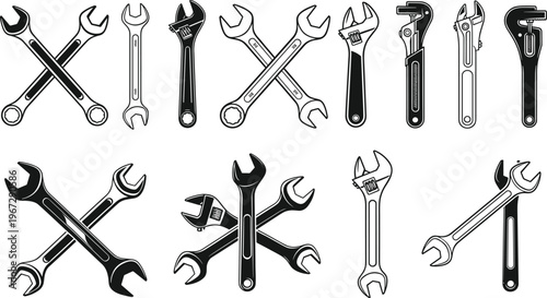 Vector Illustration Set of Wrench Tools, Spanners, and Adjustable Pipe Wrenches for Automotive Repair, Plumbing Service, and Industrial Mechanical Engineering Work