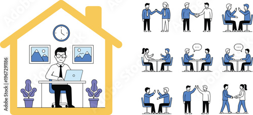 Colorful vector illustration of home office and teamwork scenes symbolizing remote work, collaboration, communication, and professional interaction