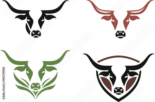 A striking set of longhorn bull head logos featuring sharp horns and bold symmetrical designs. These modern vector logos represent strength, resilience, and power, making them ideal for ranch brands, 