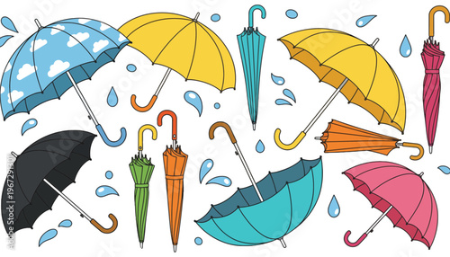 Umbrella colorful illustration with raindrops on white background