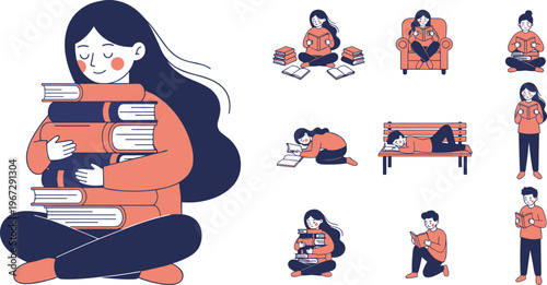 Colorful vector illustration of people reading books symbolizing knowledge, focus, relaxation, and enjoyment of literature