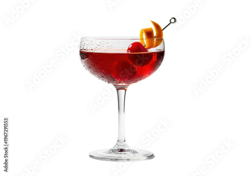 A classic manhattan cocktail in an elegant coupe glass with condensation and a cherry garnish on a white background. Concept for beverage advertising