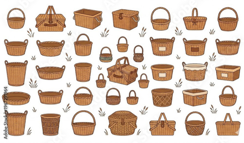 Wicker basket collection with woven containers and picnic storage vector illustration isolated on white