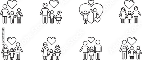 Collection of eight simple line depicting families with hearts above them family love couple child