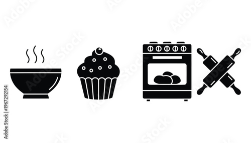 A set of baking icons including a bowl, cupcake, oven, and rolling pins