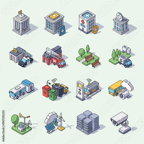 A vibrant isometric collection of urban infrastructure and public service icons representing modern city life and smart technology solutions for community development