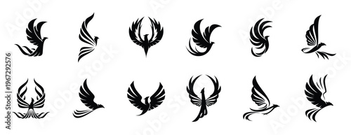 Phoenix rising Silhouette  vector black color and solid white background. Set of stylized phoenix logo icons in black. Tribal bird silhouettes featuring circular and flying design. vector illustration