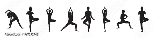 Yoga poses woman silhouette. Black silhouette illustrations of individuals performing various yoga poses, including meditation, tree pose, warrior pose, vector illustration