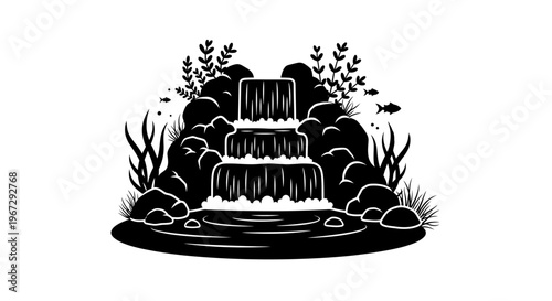 Black and white waterfall illustration.