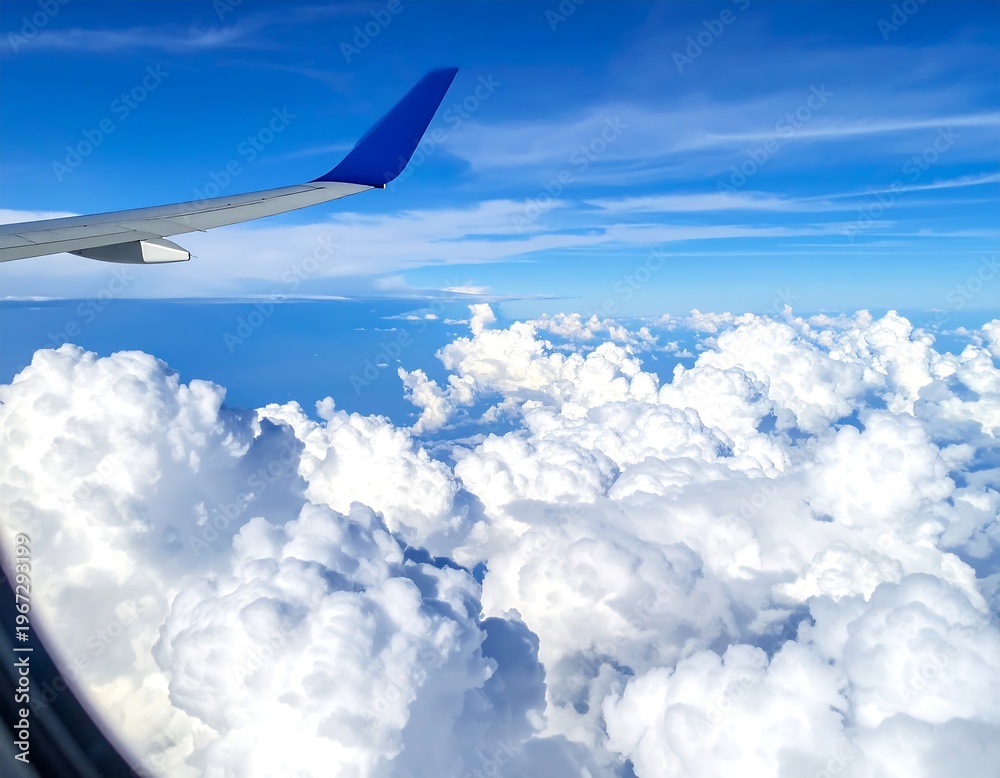 Fototapeta premium View from plane blue wing, vast clouds, and sea under sky, shot through window