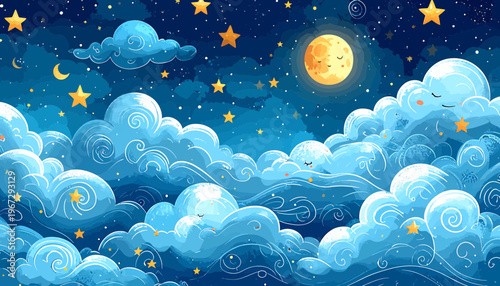Conceptual representation of a magical dreamscape. Whimsical night sky with soft clouds, twinkling stars, and a radiant full moon, evoking peace and wonder