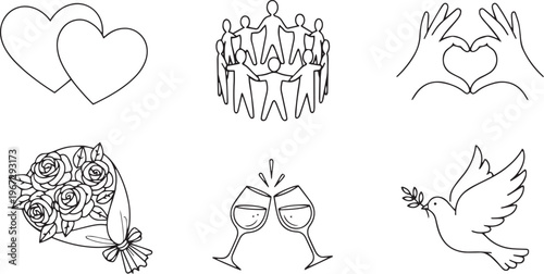 Six simple line of hearts people hands bouquet wine glasses and dove love couple group