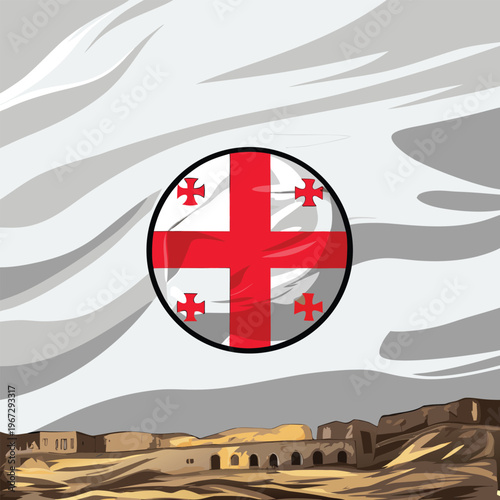 georgia flag round badge illustration with landscape background