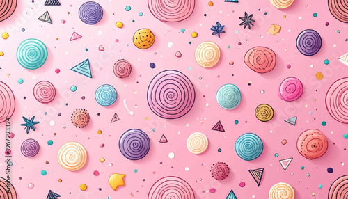 Vibrant and Playful Confectionery Wonderland An Abundance of Colorful Swirled Candies, Lollipops, and Sprinkles Adorning a Sweet Pink Background