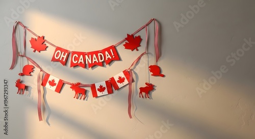 Vibrant Canada Day decorations adorn a wall with a festive banner and maple leaf flags.