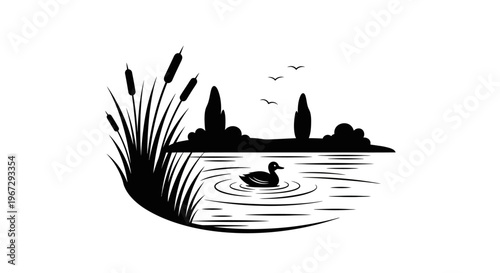 Black silhouette of a duck swimming.