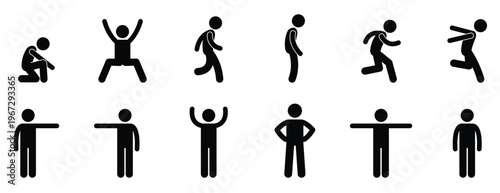 Set of stick figures showing different human poses and movements. Simple pictogram silhouettes for exercises. Set of eight black human pictogram icons, Vector illustration