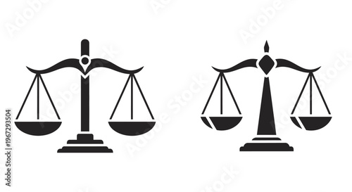 Two black scale icons representing justice law and balance side by side