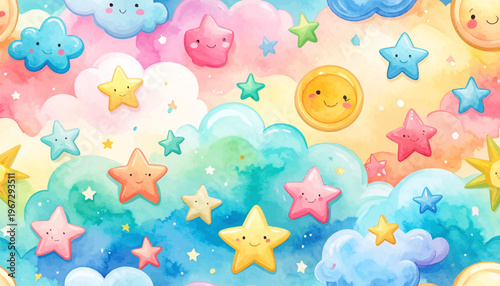 Dreamy Pastel Sky with Smiling Stars and Clouds A Whimsical Childhood Illustration
