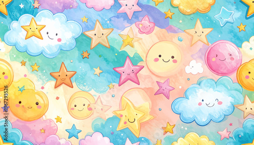 A charming and whimsical watercolor pattern adorned with smiling stars, fluffy clouds, and happy moons in soft pastel hues, evoking a gentle dreamscape for youthful designs
