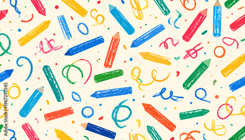 Vibrant hand-drawn crayon pattern with colorful scribbles and playful confetti, creating a cheerful artistic background for children's designs and creative projects