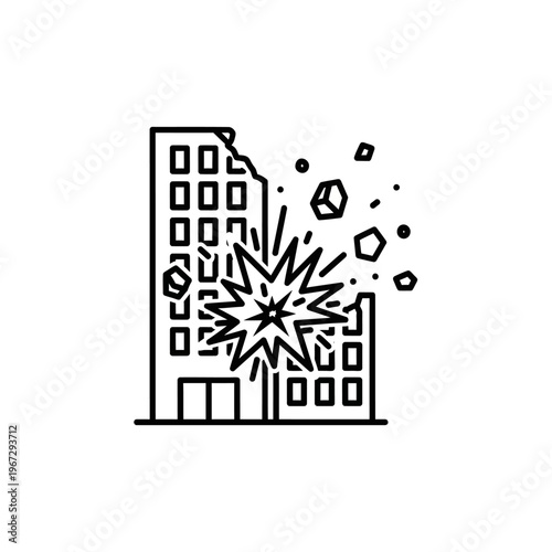 Building explosion icon, destruction, damage, disaster, urban collapse, abstract line art