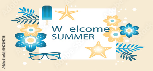 Summer time greeting vector poster set. Summer hello greeting text with colorful leaves tropical elements decoration. Tropical summer doodle vector banner vector illustration.