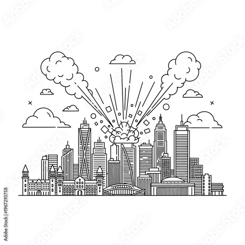 Explosion Over City Skyline, Abstract Line Art