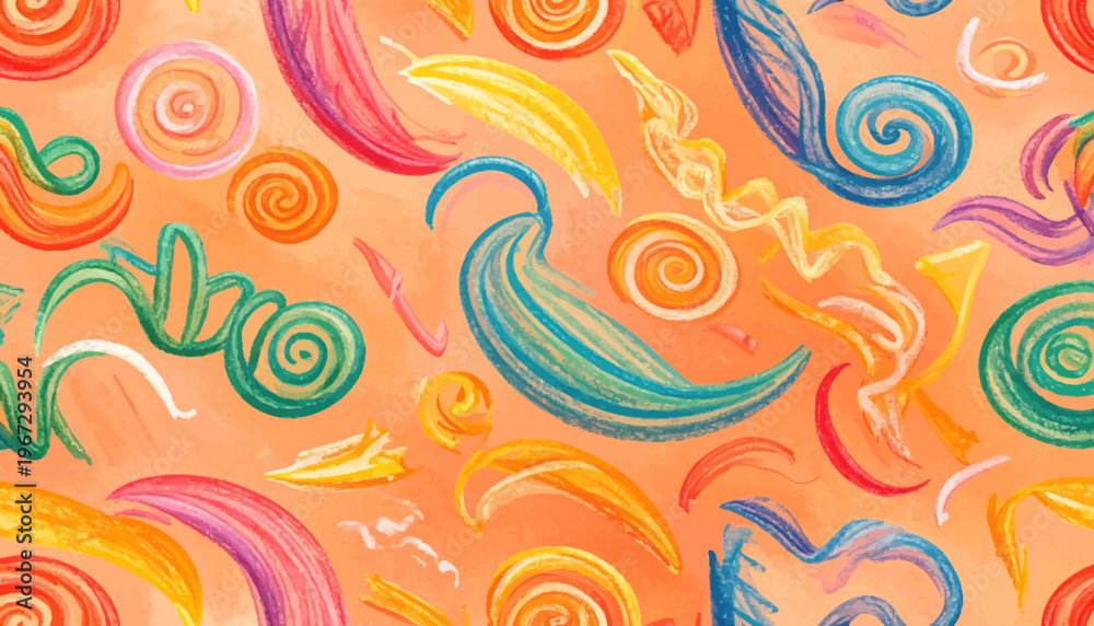 Fototapeta premium Whimsical Colorful Swirls and Abstract Shapes on a Soft Orange Background - A Playful and Energetic Artistic Pattern