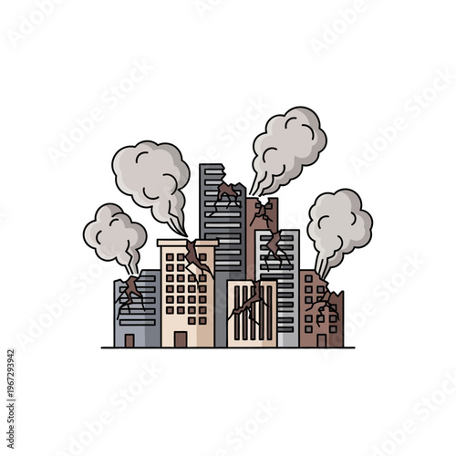 Damaged Cityscape with Smoke and Cracks - Urban Disaster Illustration
