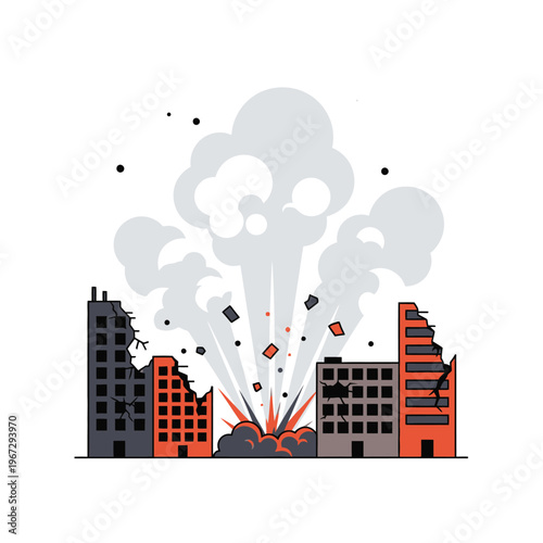 Destruction of buildings by explosion, urban disaster concept