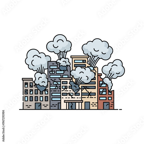 Destroyed Cityscape with Smoke and Debris