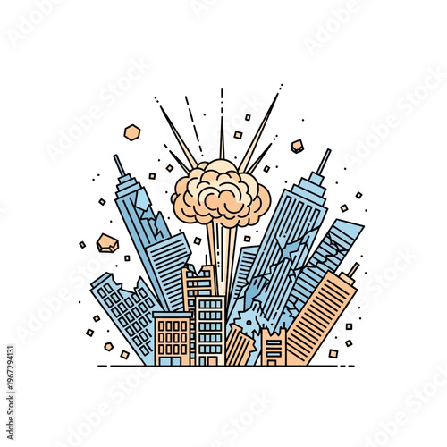 Exploding City Skyline With Tall Buildings and Mushroom Cloud Illustration