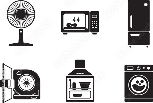Black and white icons of household appliances on white background