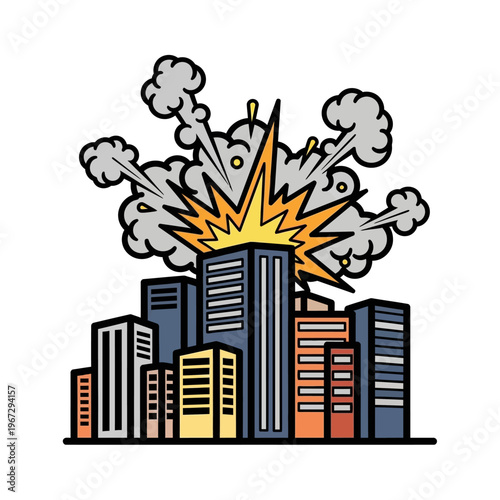Exploding Skyscraper in City Skyline, Urban Disaster, Cartoon Style