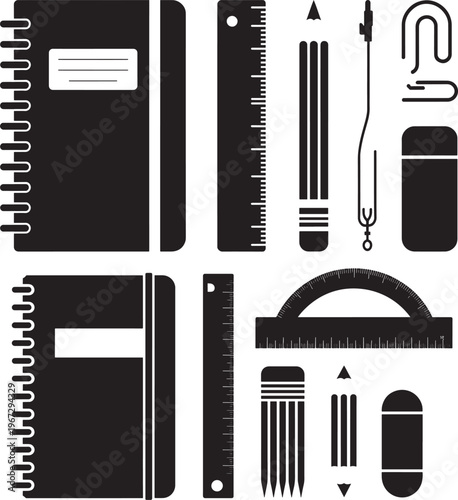 black and white illustration of school supplies icons