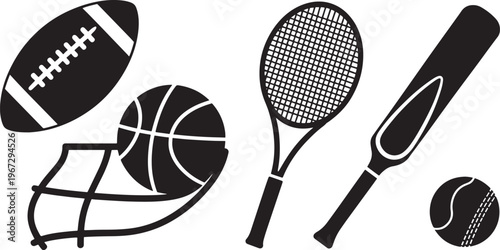 black and white sports equipment icons