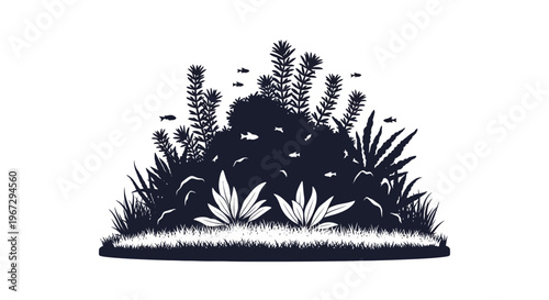 Black silhouette of various plants growing.