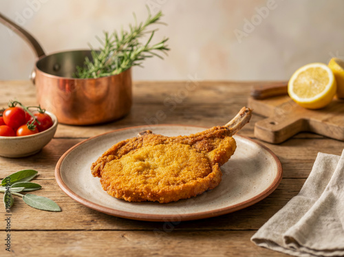 Golden breaded Cotoletta alla Milanese served on a plate with lemon and fresh ingredients.