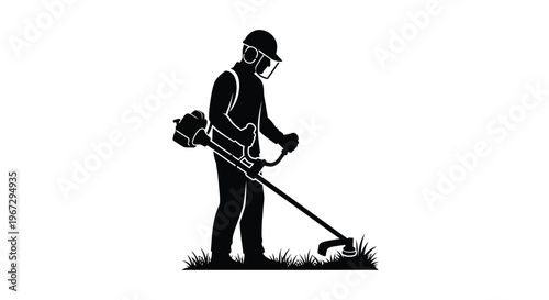 Landscaper using a weed whacker against a white background silhouette