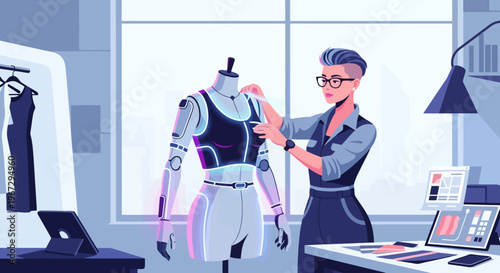 Futuristic fashion designer collaborates with advanced robotic mannequin in modern atelier embracing technology for garment creation and style