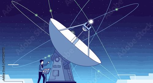 Modern Satellite Dish Array Receiving Signals From Outer Space Against Starry Night Sky With Person Monitoring System