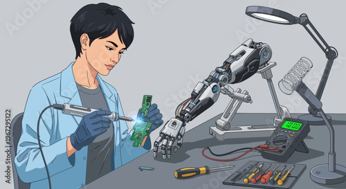 Skilled technician meticulously assembles advanced robotic arm component with precision soldering equipment for technological innovation and future