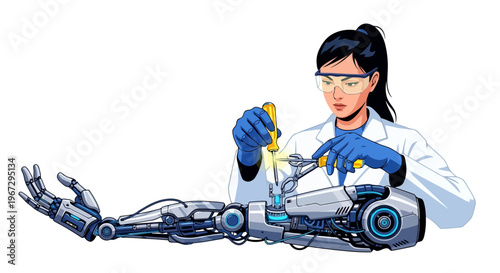Woman engineer wearing laboratory coat and safety glasses assembling advanced robotic arm with tools in bright white studio creating future technology